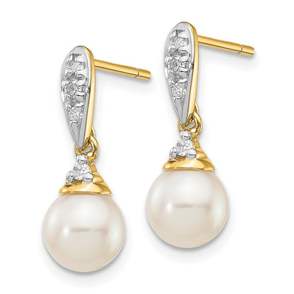 14k Yellow Gold 6-7mm White Round FWC Pearl .08ct Real Diamond Dangle Earrings
