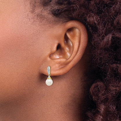 14k Yellow Gold 6-7mm White Round FWC Pearl .08ct Real Diamond Dangle Earrings