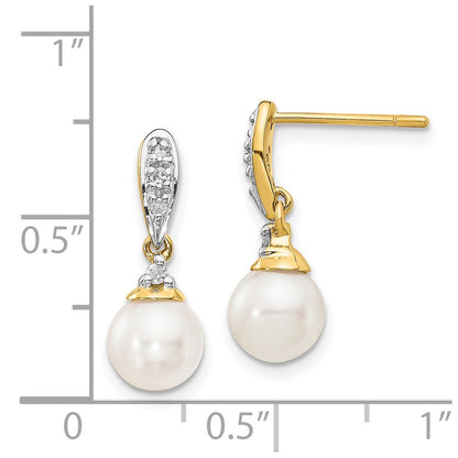 14k Yellow Gold 6-7mm White Round FWC Pearl .08ct Real Diamond Dangle Earrings