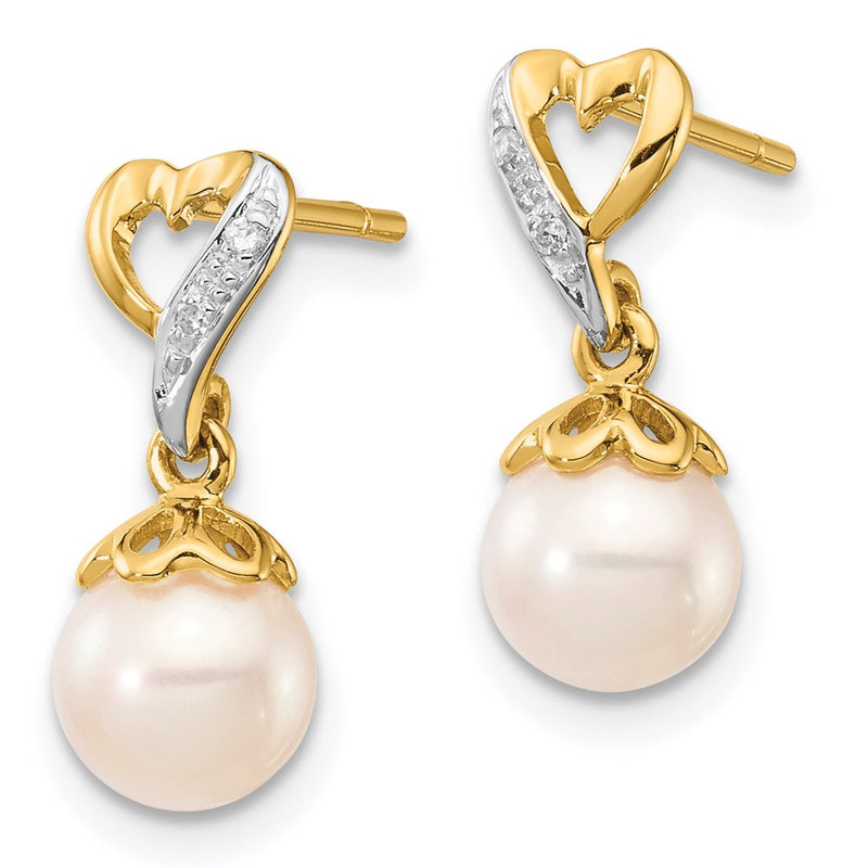 14k Yellow Gold 6-7mm Round FWC Pearl .01ct Heart Real Diamond Dangle Earrings