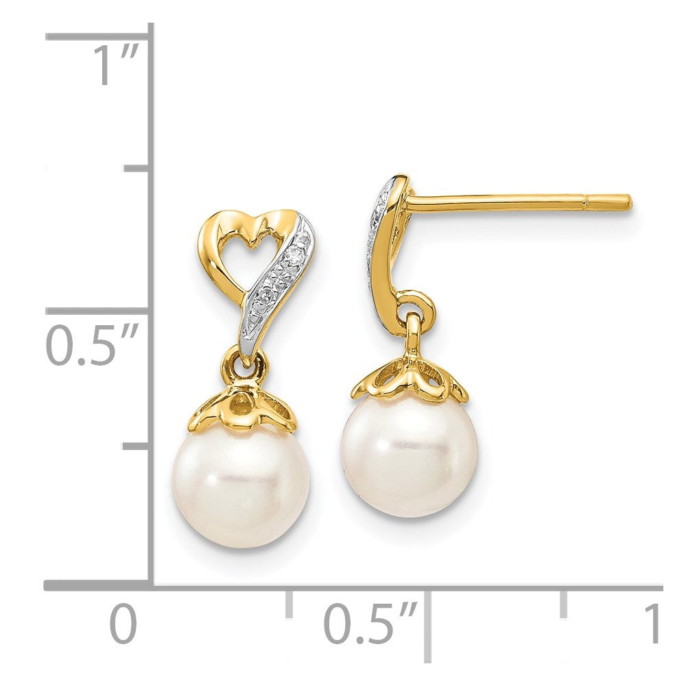 14k Yellow Gold 6-7mm Round FWC Pearl .01ct Heart Real Diamond Dangle Earrings