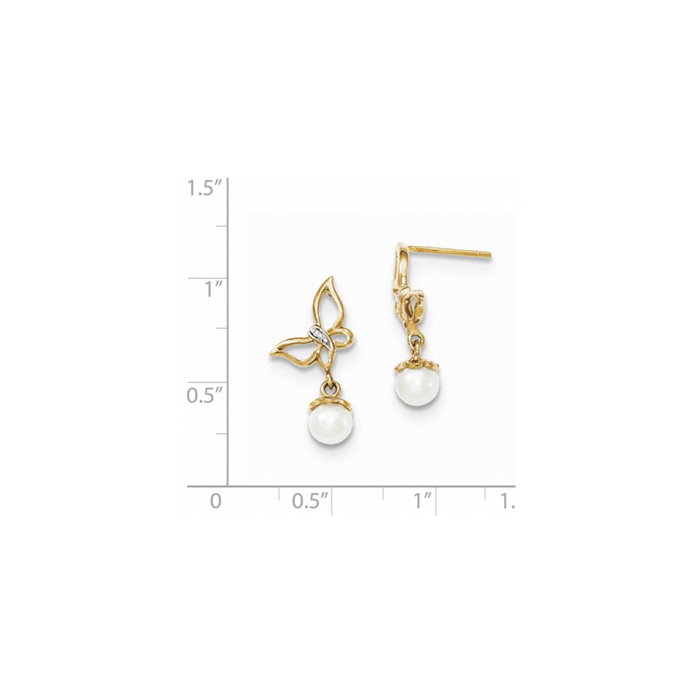 14k Yellow Gold Real Diamond & 5-6mm FW Cultured Pearl Butterfly Post Dangle Ear