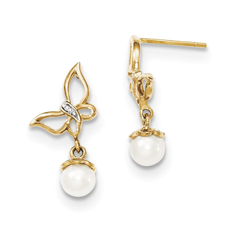 14k Yellow Gold Real Diamond & 5-6mm FW Cultured Pearl Butterfly Post Dangle Ear