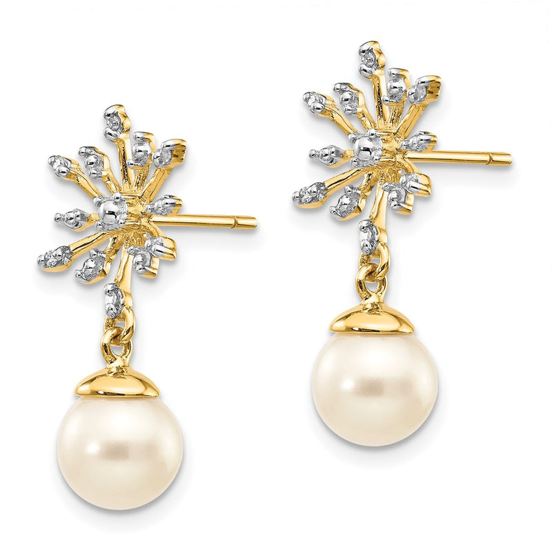 14k Yellow Gold Real Diamond and 7-8mm Round FW Cultured Pearl Flower Post Earrings