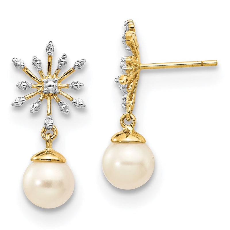 14k Yellow Gold Real Diamond and 7-8mm Round FW Cultured Pearl Flower Post Earrings