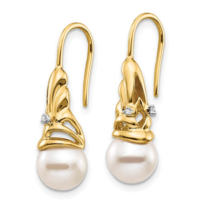14k Yellow Gold Real Diamond and 7-8mm Round FW Cultured Pearl Dangle Earrings
