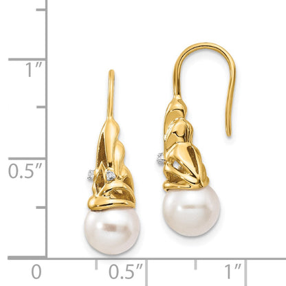 14k Yellow Gold Real Diamond and 7-8mm Round FW Cultured Pearl Dangle Earrings