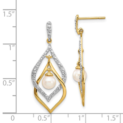 14k Yellow Gold 5-6mm White Round FWC Pearl .02ct Real Diamond Dangle Earrings