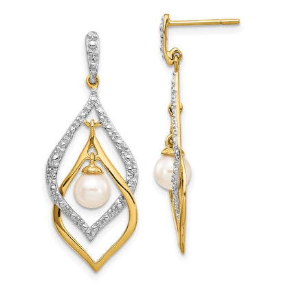 14k Yellow Gold 5-6mm White Round FWC Pearl .02ct Real Diamond Dangle Earrings