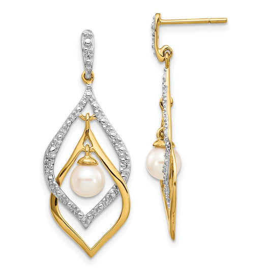 14k Yellow Gold 5-6mm White Round FWC Pearl .02ct Real Diamond Dangle Earrings