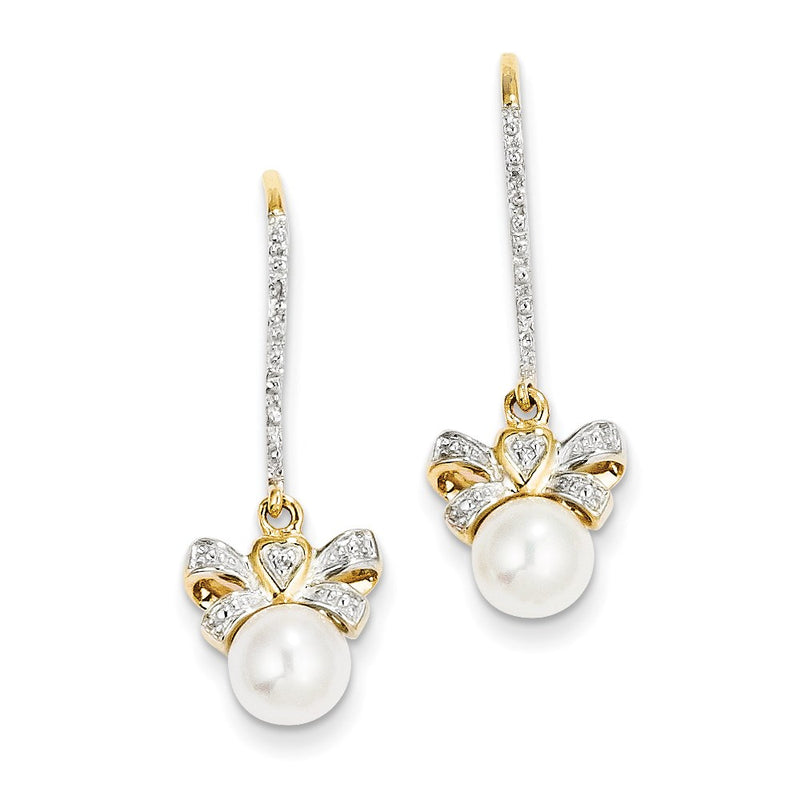 14k Yellow Gold Real Diamond and Freshwater Cultured Pearl Bow Dangle Earrings