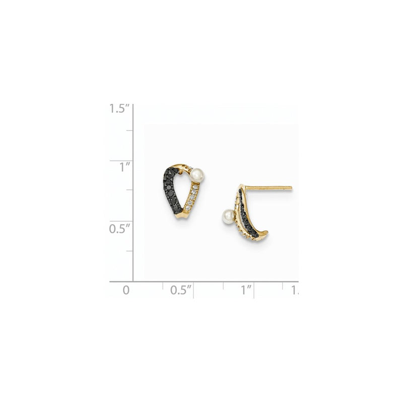 14k Yellow Gold Black & White Real Diamond & 3-4mm Round FW Cultured Pearl Post Ear