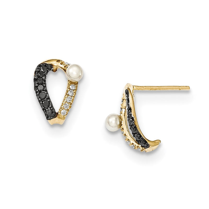14k Yellow Gold Black & White Real Diamond & 3-4mm Round FW Cultured Pearl Post Ear