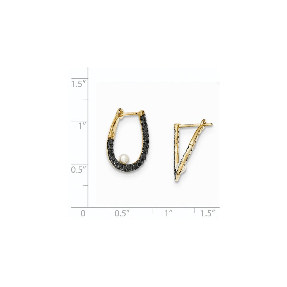14k Yellow Gold Black Real Diamond and 3-4mm FW Cultured Pearl Hoop Earrings