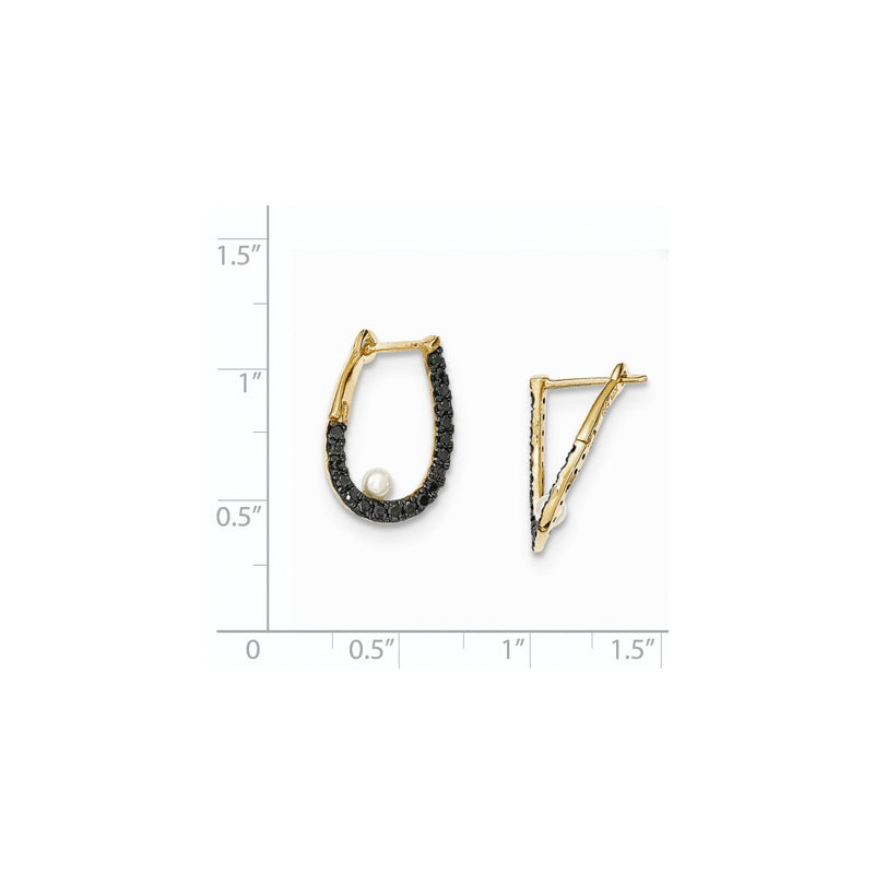 14k Yellow Gold Black Real Diamond and 3-4mm FW Cultured Pearl Hoop Earrings