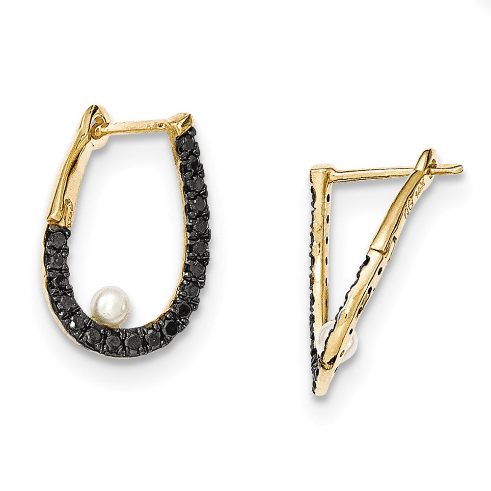 14k Yellow Gold Black Real Diamond and 3-4mm FW Cultured Pearl Hoop Earrings