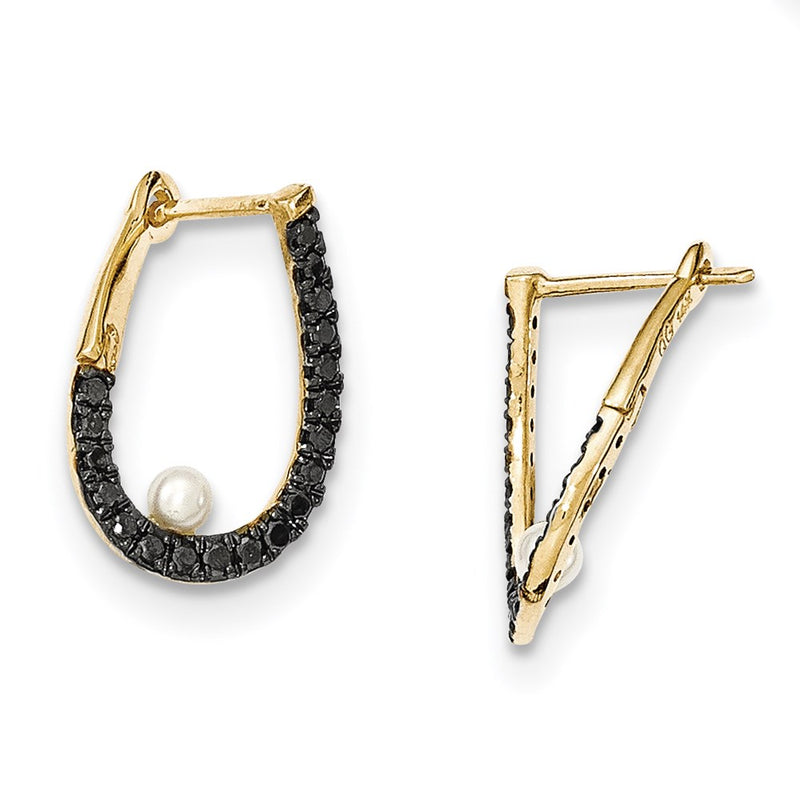 14k Yellow Gold Black Real Diamond and 3-4mm FW Cultured Pearl Hoop Earrings