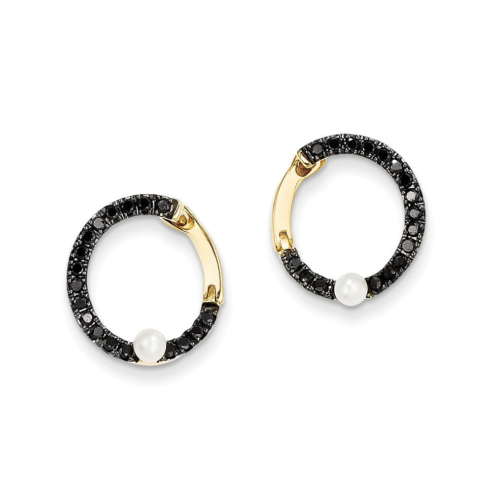 14k Yellow Gold Black Real Diamond and FW Cultured Pearl Hoop Earrings