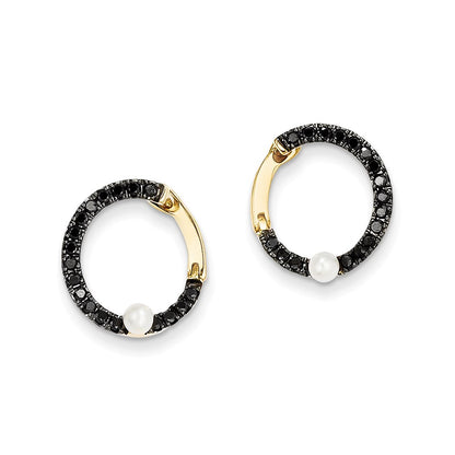 14k Yellow Gold Black Real Diamond and FW Cultured Pearl Hoop Earrings