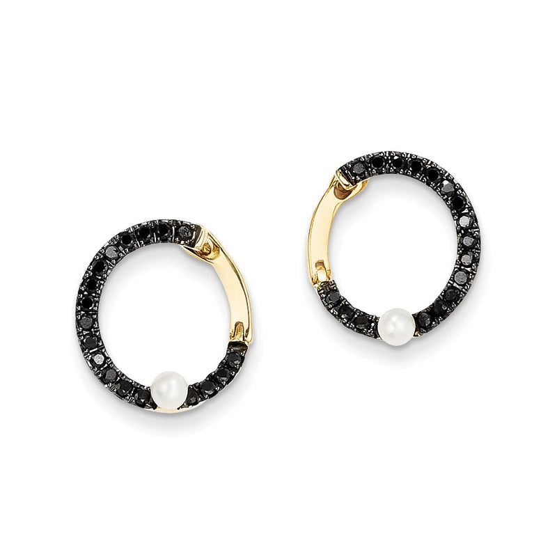 14k Yellow Gold Black Real Diamond and FW Cultured Pearl Hoop Earrings