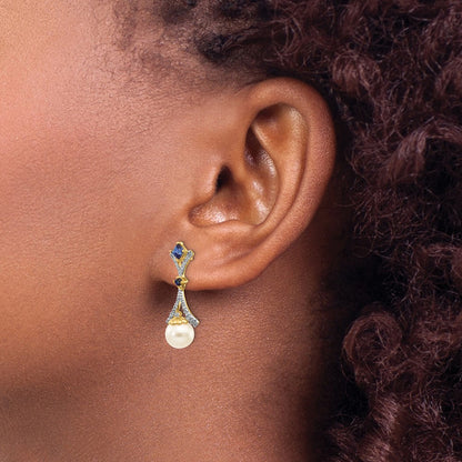 14k Yellow Gold 7-8mm FWC Pearl Created Sapphire Real Diamond Dangle Post Earrings