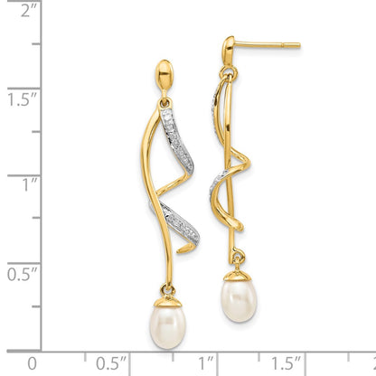 14k Yellow Gold 7x5mm White Teardrop FWC Pearl .01ct Real Diamond Dangle Earrings