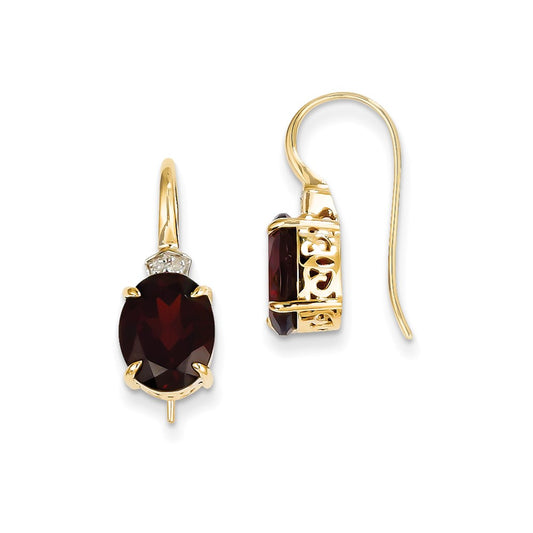 14k Yellow Gold Real Diamond and Garnet Oval Dangle Earrings