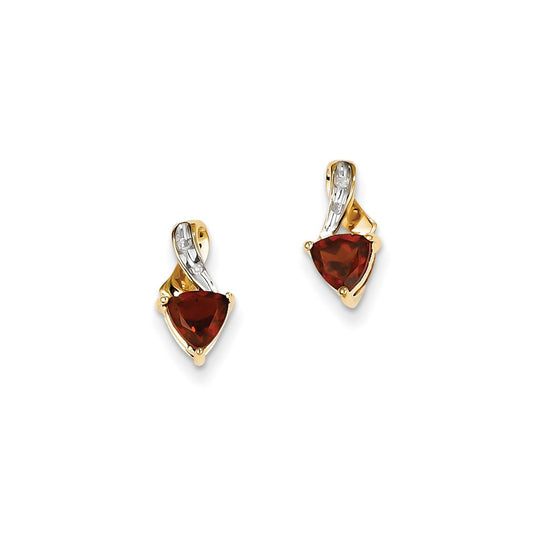 14k Yellow Gold Real Diamond and Garnet Heart Post Earrings