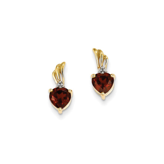 14k Yellow Gold Real Diamond and Garnet Heart Post Earrings
