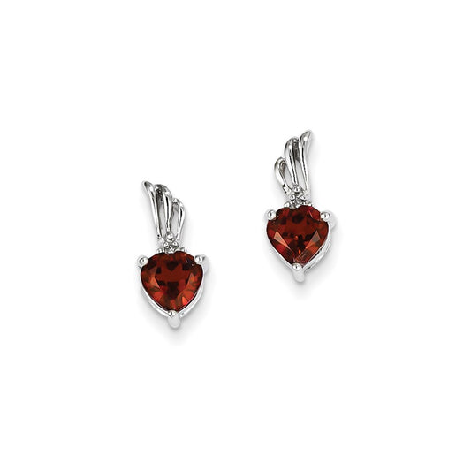 14K White Gold Real Diamond and Garnet Heart Post Earrings