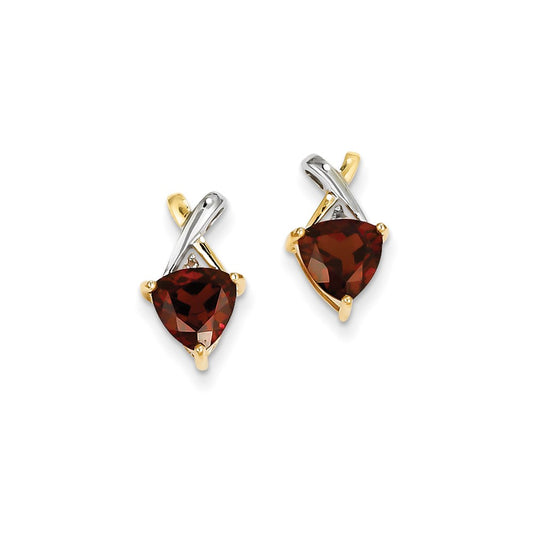 14k Yellow Gold & Rhodium Garnet and White Topaz Trillion Post Earrings