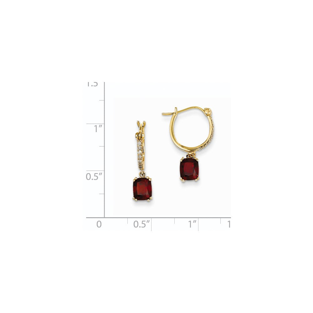 14k Yellow Gold Real Diamond and Garnet Dangle Hoop Earrings