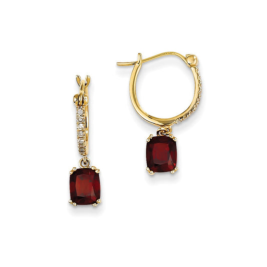 14k Yellow Gold Real Diamond and Garnet Dangle Hoop Earrings
