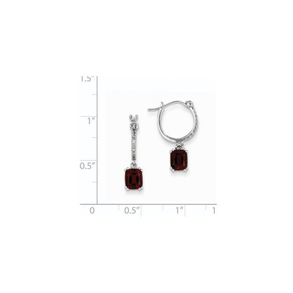 14k White Gold Real Diamond and Garnet Dangle Hoop Earrings
