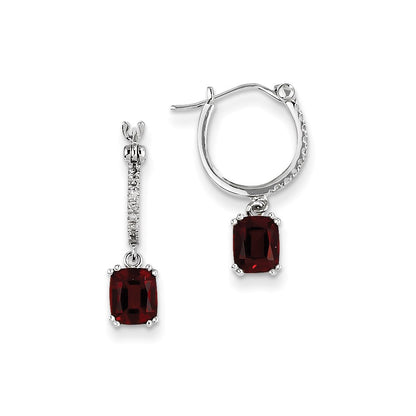 14k White Gold Real Diamond and Garnet Dangle Hoop Earrings