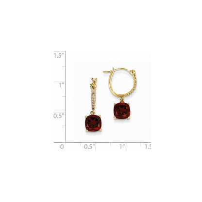 14k Yellow Gold Real Diamond and Garnet Dangle Hoop Earrings
