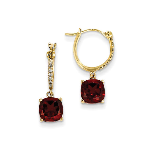 14k Yellow Gold Real Diamond and Garnet Dangle Hoop Earrings
