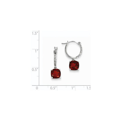 14k White Gold Real Diamond and Garnet Dangle Hoop Earrings