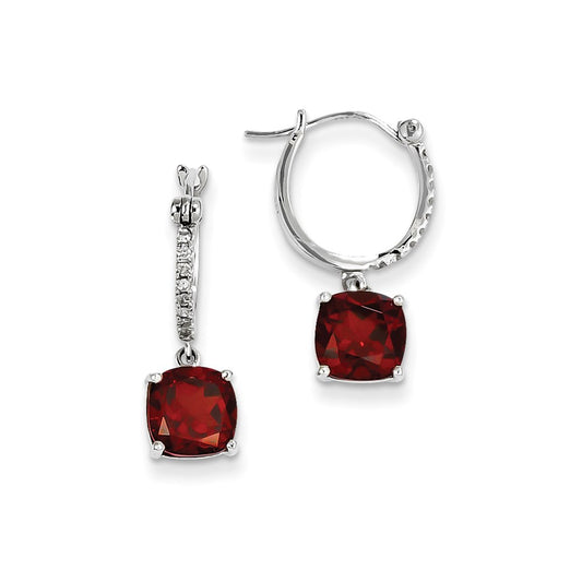 14k White Gold Real Diamond and Garnet Dangle Hoop Earrings