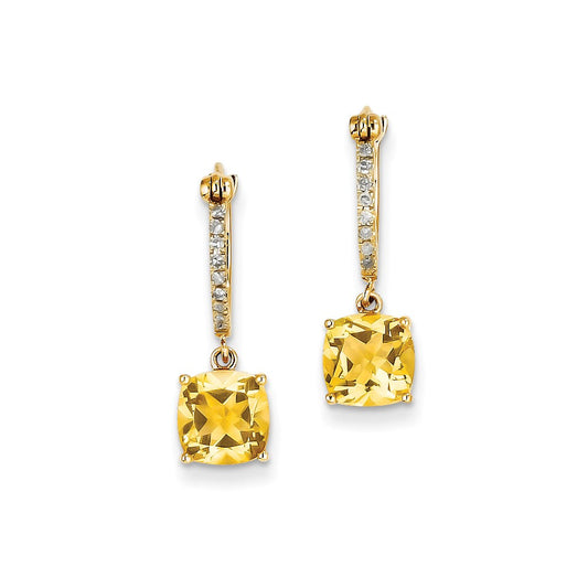14k Yellow Gold Real Diamond & Citrine Dangle Hinged Hoop Earrings