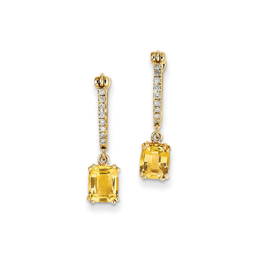 14k Yellow Gold Real Diamond &Citrine Dangle Hinged Hoop Earrings