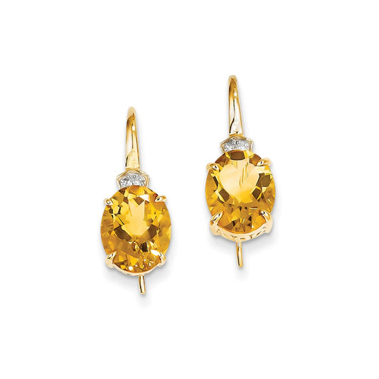 14k Yellow Gold Real Diamond & Citrine Oval Dangle Earrings
