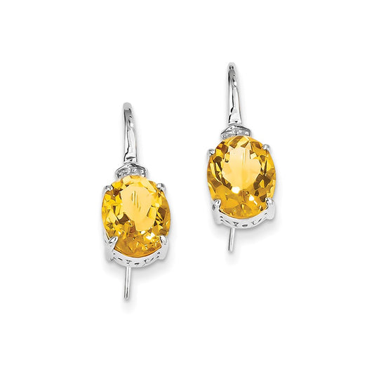 14k White Gold Real Diamond & Citrine Oval Dangle Earrings