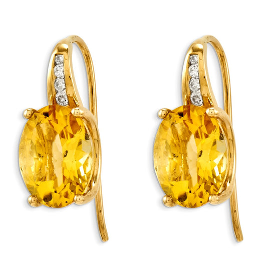14k Yellow Gold Real Diamond & Citrine Oval Dangle Earrings
