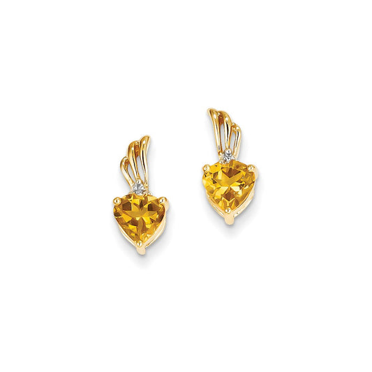 14k Yellow Gold Real Diamond & Citrine Heart Post Earrings