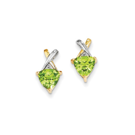 14k Yellow Gold & Rhodium Peridot and White Topaz Trillion Post Earrings