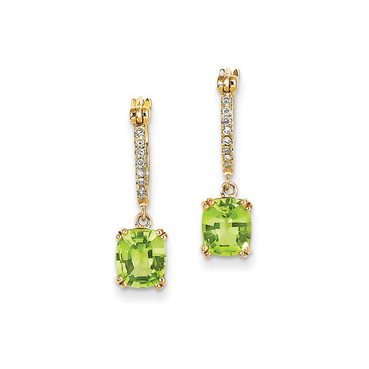 14k Yellow Gold Real Diamond & Peridot Dangle Hoop Earrings