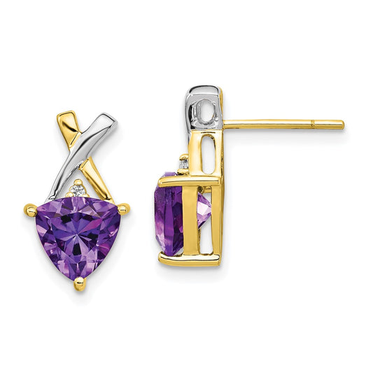 14k Yellow Gold & Rhodium Amethyst and White Topaz Trillion Post Earrings