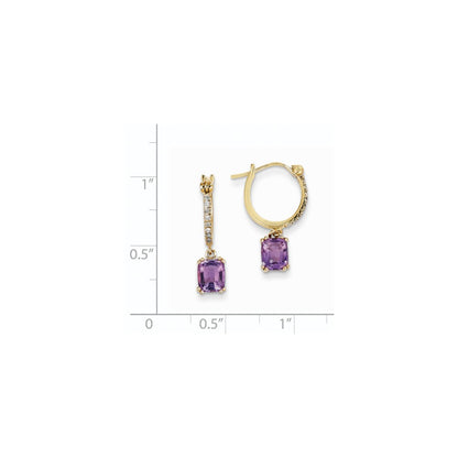 14k Yellow Gold Real Diamond & Amethyst Dangle Hoop Earrings