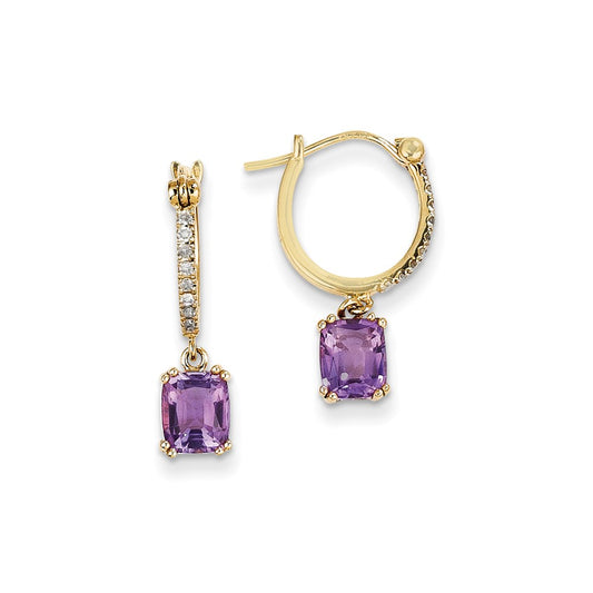 14k Yellow Gold Real Diamond & Amethyst Dangle Hoop Earrings